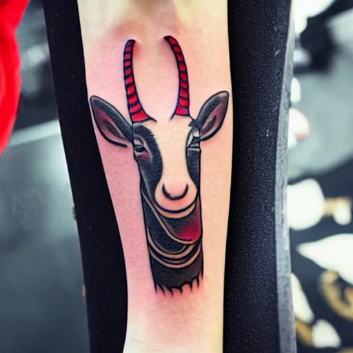 Prompt: a tattoo of billy the Disney goat with a churro in their mouth