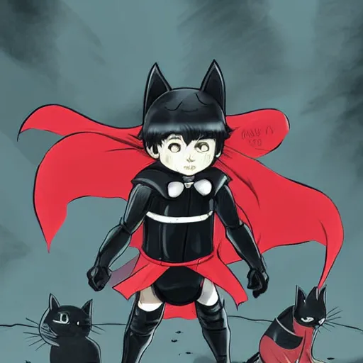 Image similar to little boy with cat ears in an black latex suit with red cape. digital artwork made by lois van baarle and kentaro miura, sharpness focus, inspired by hirohiko araki, anatomically correct, heroic composition, hero pose, dark city