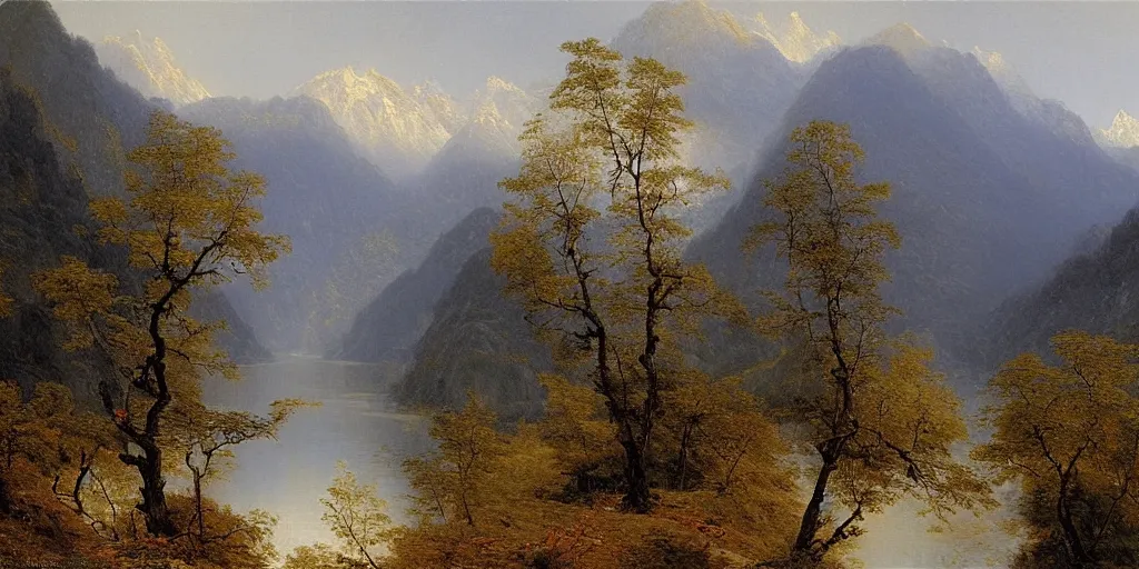 Prompt: art by alexandre calame of the cinematic view of the jiuzhaigou valley forest