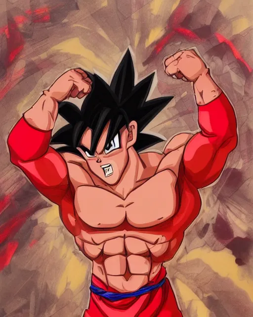 Prompt: gigachad goku bodybuilder in tokyo wearing a red suit by ilya, ernest khalimov body by krista sudmalis, super mario bros symmetrical face concept art, hyper realistic, intricate, elegent, highly detailed, digital painting, concept art, smooth, sharp, focus, illustration, art by artgerm and greg rutkowski and alphonse mucha, artstation