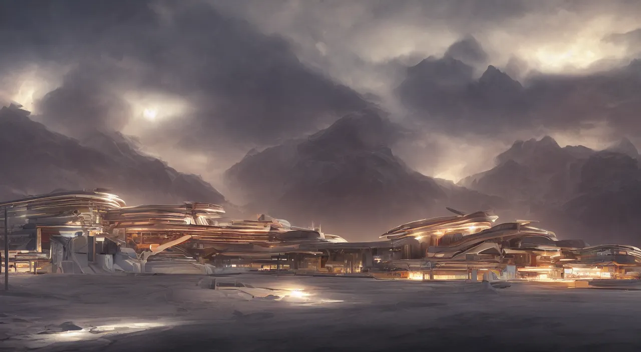 Prompt: a matte painting of Arctic station by Frank Lloyd Wright and Zaha Hadid torch volume light stylized illustration digital airbrush painting, 3d rim light, hyperrealistic masterpiece, artstation, cgsociety, kodakchrome, golden ratio