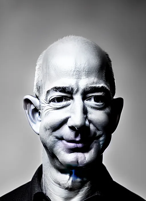 Prompt: Jeff Bezos with hair and a beard, portrait photography, 85mm, studio lighting