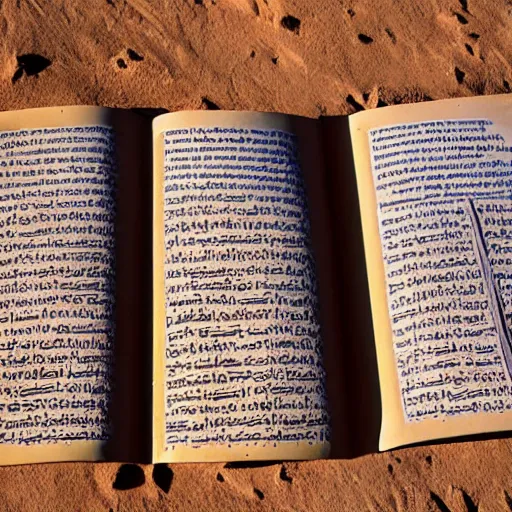 Prompt: a monumental book in the desert of al - ula, wind, sand