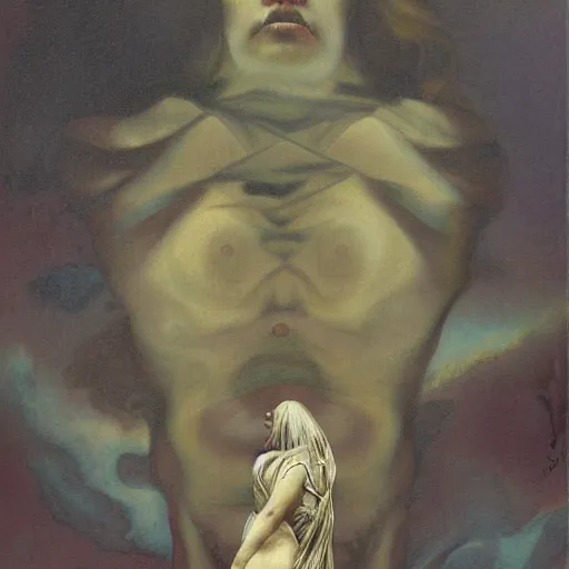 Prompt: the shadow of the self, by roberto ferri, by austin osman spare, by wayne barlowe, detailed painting, mystical, occult