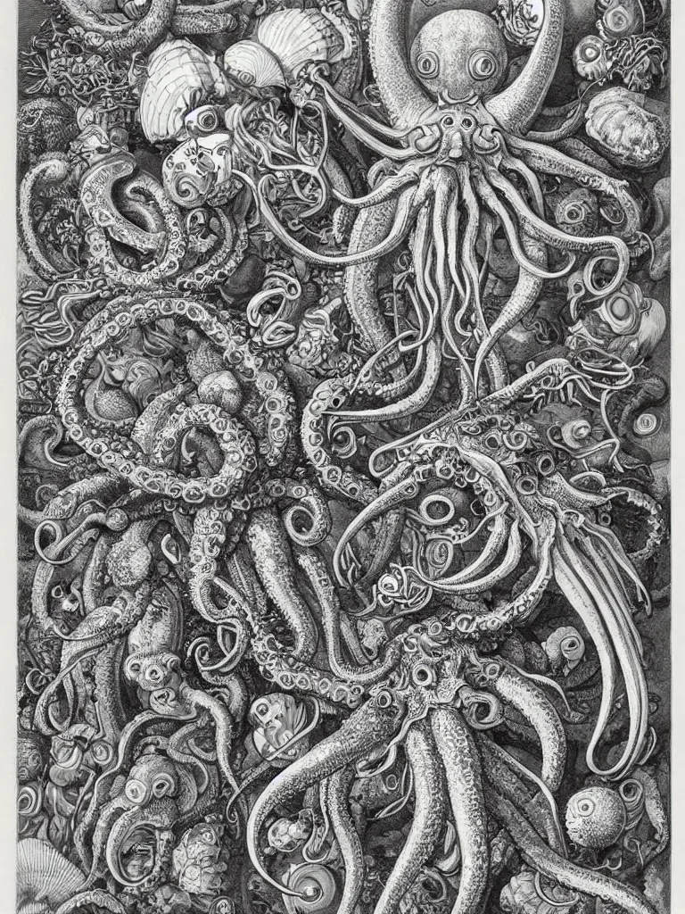 Prompt: a high detail book illustration of octopus, sea shells, jelly fish, crabs, lobster, crustaceans, tentacles, cthulu, snails, cute robot, gremlin, baby bear, sloth, kitten symmetrical characteristics, by ernst haeckel