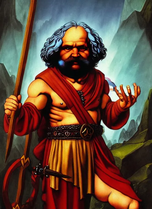 Prompt: dungeons and dragons artwork of karl marx as a barbarian with warpaint, floating eyes around and magic flows in the background, by leonardo da vinci, raphael and richard corben, trending on artstation, award winning art, d & d, 4 k, 8 k