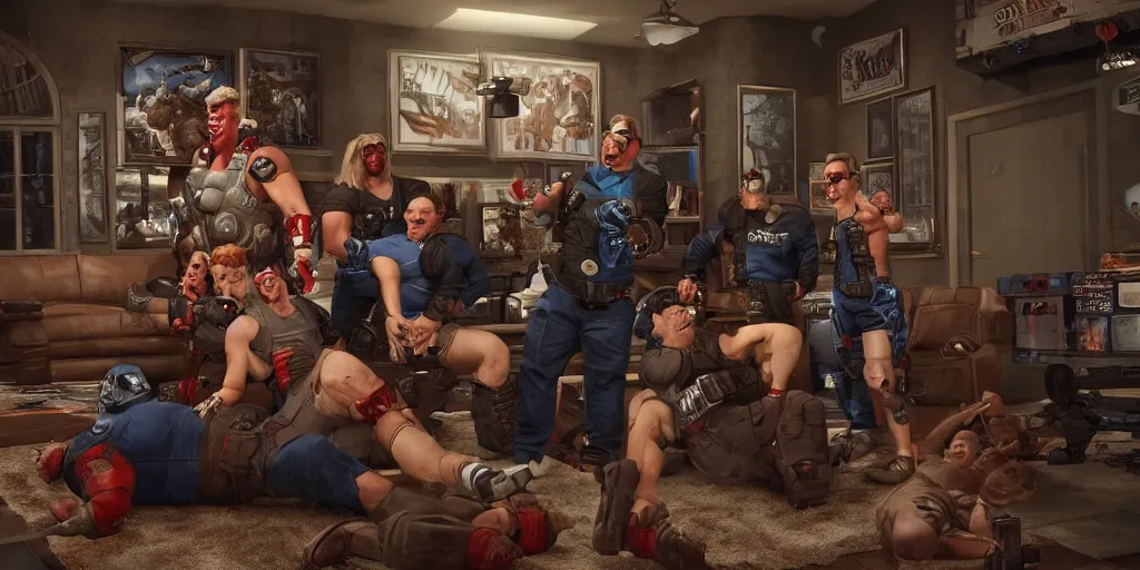 Prompt: duke nukem family sitcom comedy, realistic 4 k octane beautifully detailed render, 4 k post - processing, highly detailed, intricate complexity, epic composition, magical atmosphere, cinematic lighting, masterpiece, ultra hd