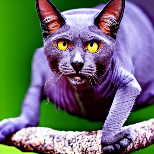 Image similar to a feline bat - cat + chameleon + hybrid, animal photography