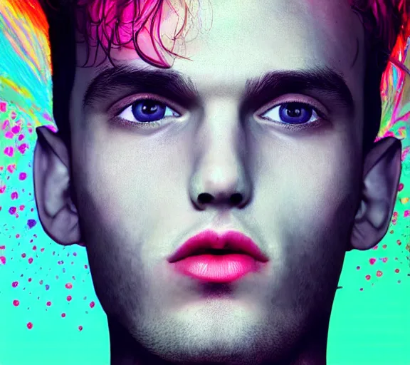 Prompt: extremely beautiful young man with hyperealistic glossy eyes, digital art, colourful background seductive.