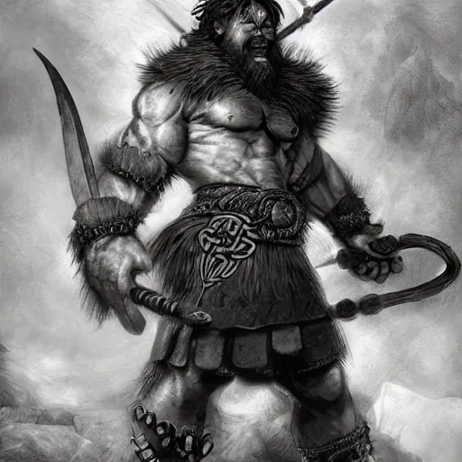 Prompt: a celtic warrior berserker mascot character posing for a picture, digital painting, masterpiece by rembrandt and thomas kinkade and frank frazetta and kentaro miura, by reiq and tite kubo, stylized yet realistic faces and anatomy, advanced lighting technology, beautiful, gorgeous brush strokes