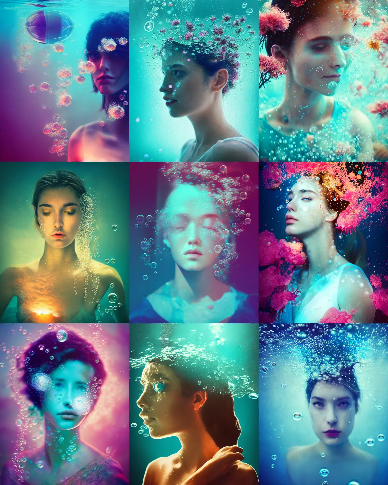 Prompt: underwater aquatic double exposure beauty portrait, exploding flowers, bubbles, artgerm, petros afshar, artstation, radiant lighting, sea aura