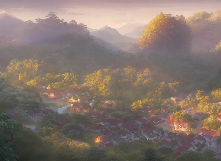 Image similar to concept art painting of a distant small woodland village in a valley seen from above, early morning, european japanese buildings, beside a river, cel shaded, detailed, realistic, by makoto shinkai and moebius and greg rutkowski and james gurney