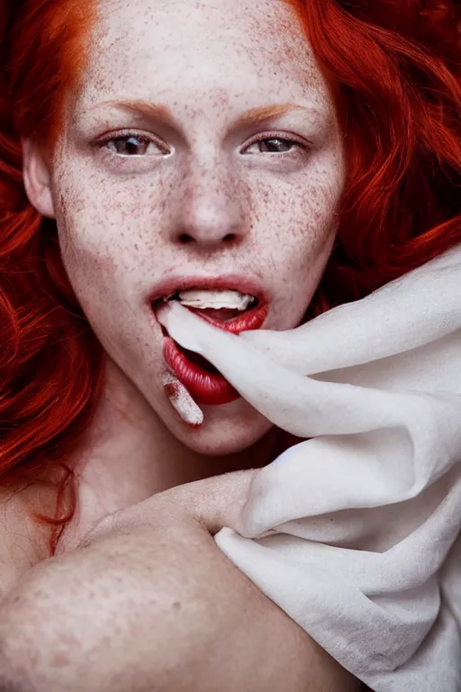 Prompt: A beautiful young woman with red hair, very light freckles, mouth slightly open, slight smile, linnen sheet draped over left shoulder, seducing the camera, award winning photograph by Annie Liebowitz