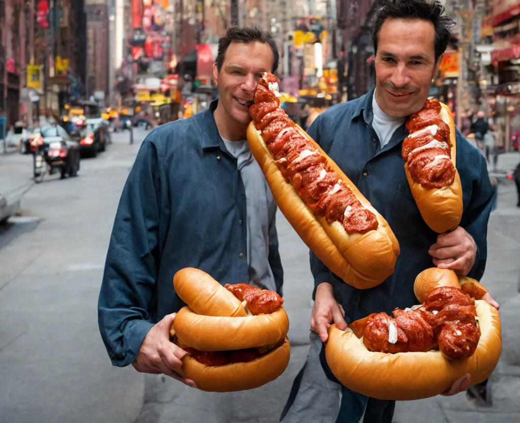 Image similar to closeup portrait of a man carrying a giant hotdog, smoky new york back street, by Annie Leibovitz and Steve McCurry, natural light, detailed face, CANON Eos C300, ƒ1.8, 35mm, 8K, medium-format print