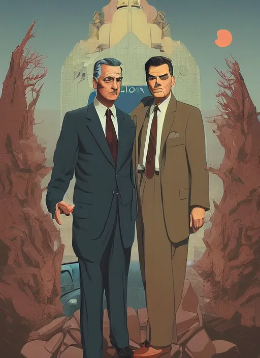 Prompt: Twin Peaks poster artwork by Michael Whelan and Tomer Hanuka, Rendering of portrait of Cary Grant and George Clooney solving mysteries together, full of details, by Makoto Shinkai and thomas kinkade, Matte painting, trending on artstation and unreal engine