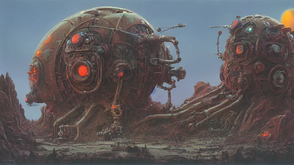 Image similar to mysterious whimsical sculpture of alien technology by paul lehr and john schoenherr and john harris, cinematic matte painting