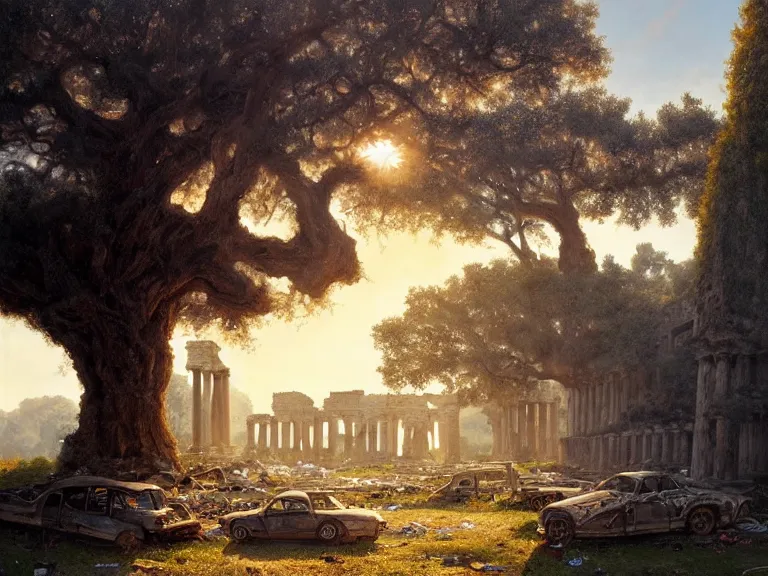 Image similar to oak tree growing in ancient greek ruins, many scrap cars, plastic waste, rubble, pillars, hyperrealistic, highly detailed, cinematic, single ray of golden sunlight, beautiful, cgssociety, artstation, 8 k, oil painting by greg rutkowski, by artgerm, by wlop