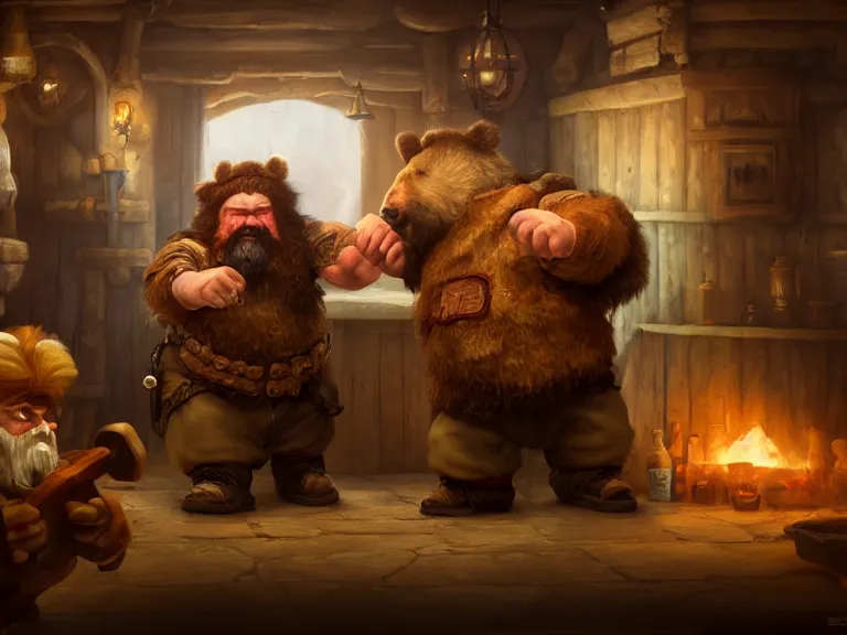 Image similar to Drunk Dwarf and his Bear start a fight at the Tavern, RPG Portrait, Oil Painting, Trending on Artstation, octane render, Insanely Detailed, 8k, HD