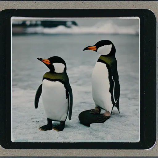 Image similar to penguins in copenhagen, polaroid photograph 1 9 8 0 s