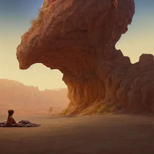 Image similar to a desert vagabond wearing a tattered robe lounging next to an oasis surrounded by sand dunes, by wlop and peter mohrbacher, extremely detailed shading, concept art, digital painting, trending on artstation, unreal engine 5, octane render, atmosphere, glow, cinematic lighting, full of color