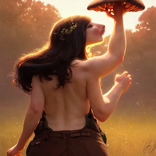 Image similar to long shot photo of a mushroom sprouting from a cow's back, highly detailed, digital painting, artstation, smooth, sharp focus, illustration, art by artgerm and greg rutkowski and alphonse mucha