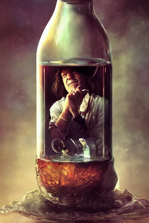 Image similar to a ship in a bottle but instead of a ship it is jack nicholson in the bottle, the shining, masterpiece painting by artgerm, greg rutkowski, tom bagshaw