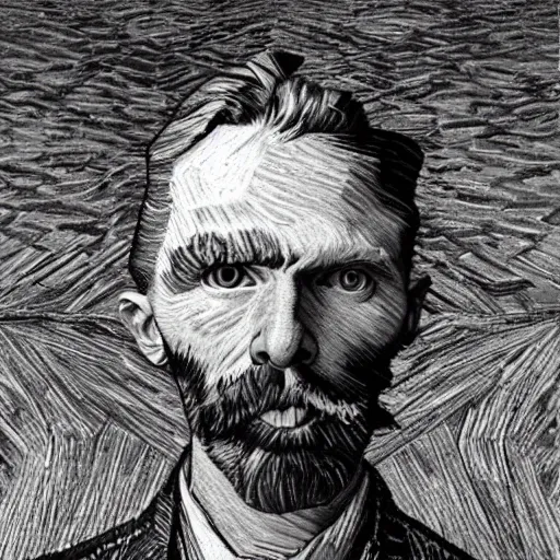 Prompt: portrait mash - up between mc escher and vincent van gogh