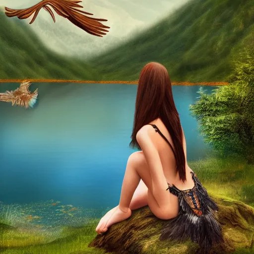Prompt: inka harpy girl, wearing inka clothes, sitting at a pond, mountainous area, trees in the background, digital art