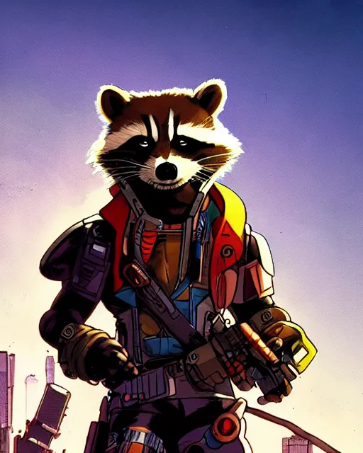 Image similar to a close up portrait of rocket raccoon, weapon on a ready looking determined overlooking a cyberpunk city in the background, full face portrait composition, 2D drawing by Mike Mignola, Yoji Shinkawa, flat colors, chiaroscuro