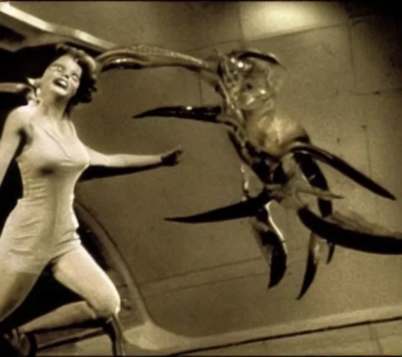 Image similar to a movie still of marlin monroe in the movie alien running from a xenomorph, fear, leg lights, panic