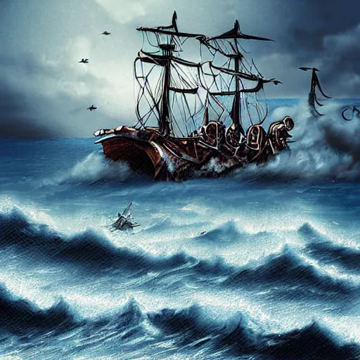 Prompt: digital art of two pirate ships in a fight on the ocean, firing cannons at each others, rough sea, action, stormy sky, debris in water