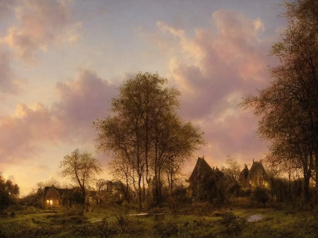 Image similar to a witchhouse in a woodland, evening mood, pink clouds in the evening sky, by clive madgwick