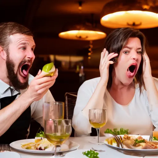 Prompt: wife and husband screaming at the restaurant for the awful dinner, 8K, Cinematic lights