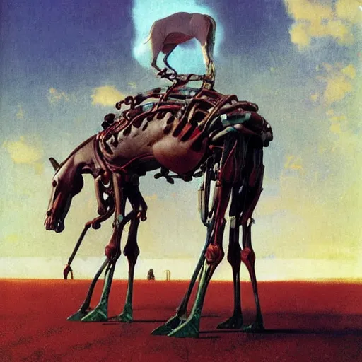 Image similar to carnivorous cyborg horse, by c. leyendecker, degas, simon stalenhag, studio ghibli, barlowe, audobon and beksinski