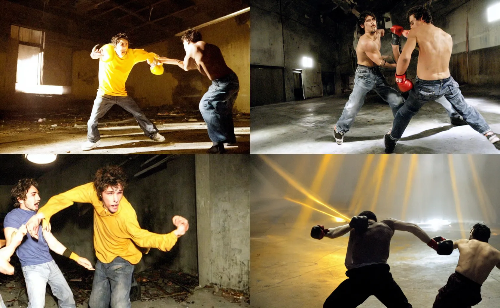 Prompt: 2004 James Franco fighting a guy on an abandoned warehouse with a strong yellow light inside of it. Movie Scene.