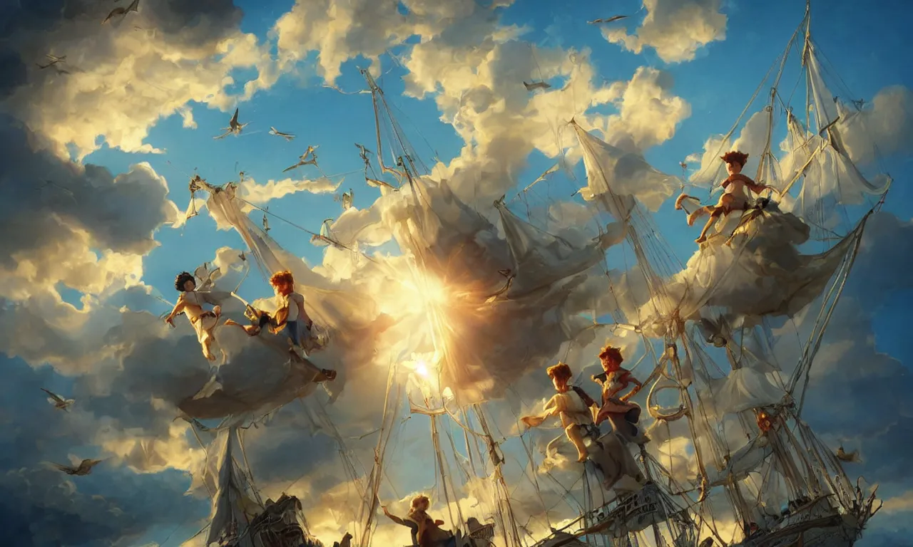 Prompt: a beautiful digital painting of peter pan and the lost boys, disney, a white caravel flying in the clouds, birds in the sunlight, numerous golden ropes and sails, blue sky at sunset, elegant, highly detailed, artstation, concept art, matte, sharp focus, art by tom bagshaw, kelogsloops and greg rutkowski