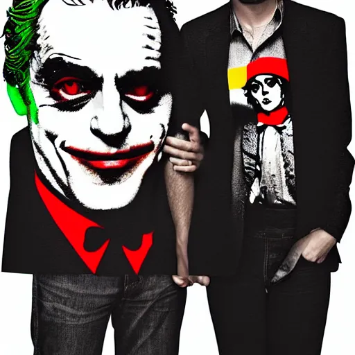 Image similar to mimmo rottela and banksy as joaquin phoenix skinny joker holding hand lady gaga harley queen, ultra photorealistic, intricate details, pop art style, concept art, random object movement, 3 colors, 4 k, smooth, sharp focus