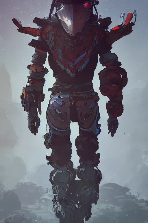 Image similar to combination suit armor aloy horizon forbidden west horizon zero dawn radiating a glowing aura global illumination ray tracing hdr fanart arstation by ian pesty and alena aenami artworks in 4 k tribal robot ninja mask helmet backpack