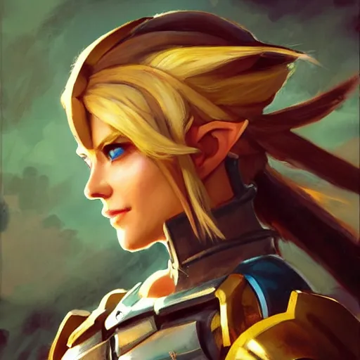 Image similar to greg manchess portrait painting of armored female link from legend of zelda as overwatch character, medium shot, asymmetrical, profile picture, organic painting, sunny day, matte painting, bold shapes, hard edges, street art, trending on artstation, by huang guangjian and gil elvgren and sachin teng