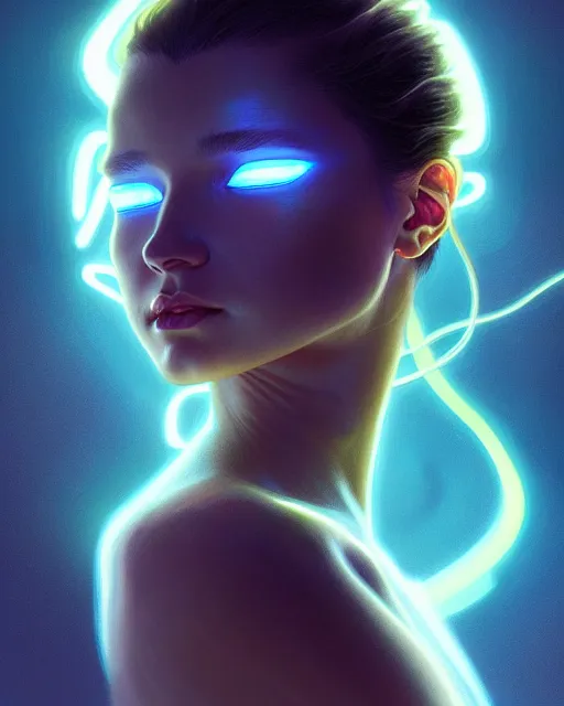 Image similar to one singular portrait of a sad bioluminescent creature, highly detailed, digital painting, cinematic, hyper realism, dark retrowave, art by stanley lau and artgerm and magali villeneuve and alphonse mucha, artstation, octane render, cgsociety