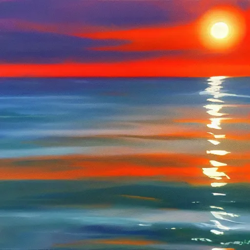 Image similar to sea, wavy, sun at dawn reflecting on the sea cloudy acryl painting 4 k