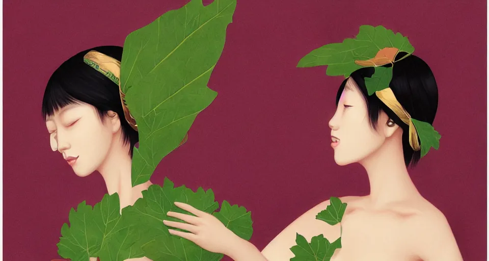 Image similar to asian female wearing leaf costume, art by dannylailai, by hsiao ron cheng