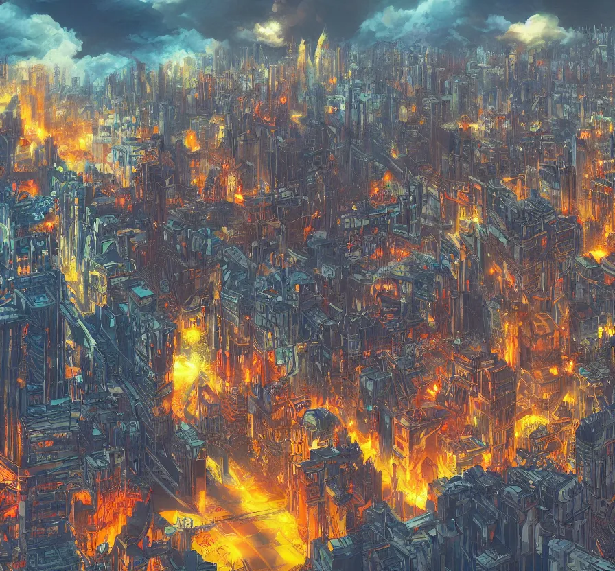 Prompt: nuclear explosion in big city, acrilic paint, abstract, digital, artstation, detailed, intricate ink, illustration, heavenly atmosphere, digital art, over detailed art, conceptart