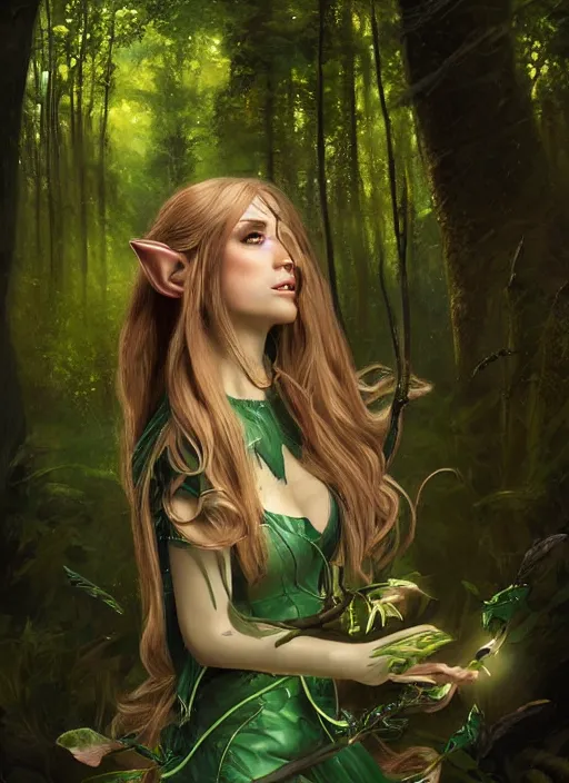 Prompt: A hyperrealistic fantasy portrait painting of a beautiful female elf in a lush dark atmospheric lightning forest, DAZ, hyperrealistic, ambient light, dynamic light