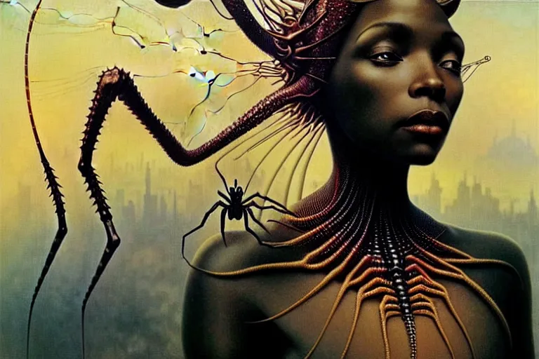 Image similar to realistic detailed portrait movie shot of a beautiful black woman riding a giant spider, dystopian city landscape background by denis villeneuve, amano, yves tanguy, alphonse mucha, max ernst, ernst haeckel, kehinde wiley, caravaggio, jean delville, david lynch, roger dean, cyber necklace, rich moody colours, sci fi patterns, dramatic, wide angle