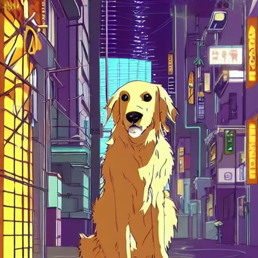 Prompt: golden retriever in a cyberpunk world, studio ghibli