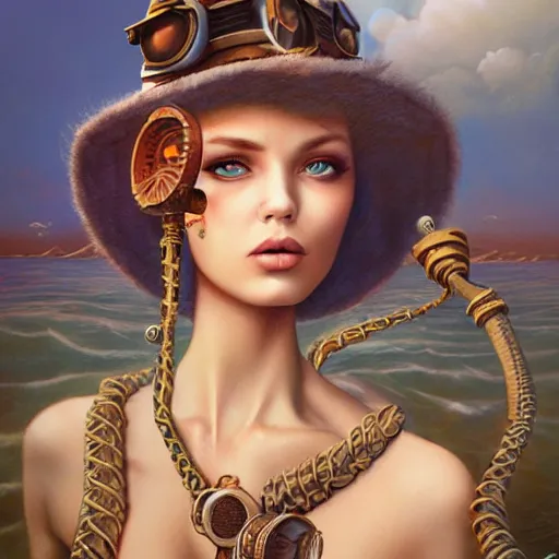 Prompt: lofi underwater steampunk beach model portrait, Pixar style, by Tristan Eaton Stanley Artgerm and Tom Bagshaw.