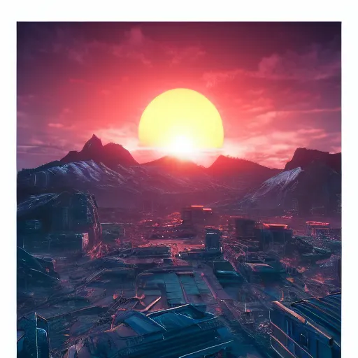 Image similar to beautiful sunset over detailed cyberpunk suburb in a valley surrounded by epic mountains with snowtops, sharp, highly detailed, hyperrealistic, 4 k, - i