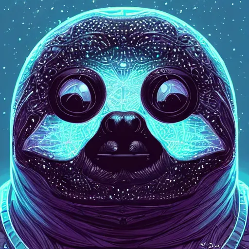 Prompt: geometric sloth with galaxy eyes in space, nebula in the background, intricate, elegant, highly detailed, digital painting, artstation, concept art, smooth, sharp focus, illustration, art by artgerm