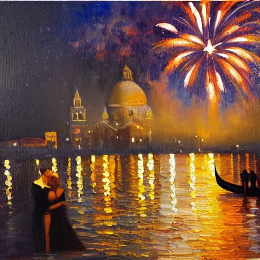 Image similar to an oil painting of couple kissing, in a background fireworks in venice